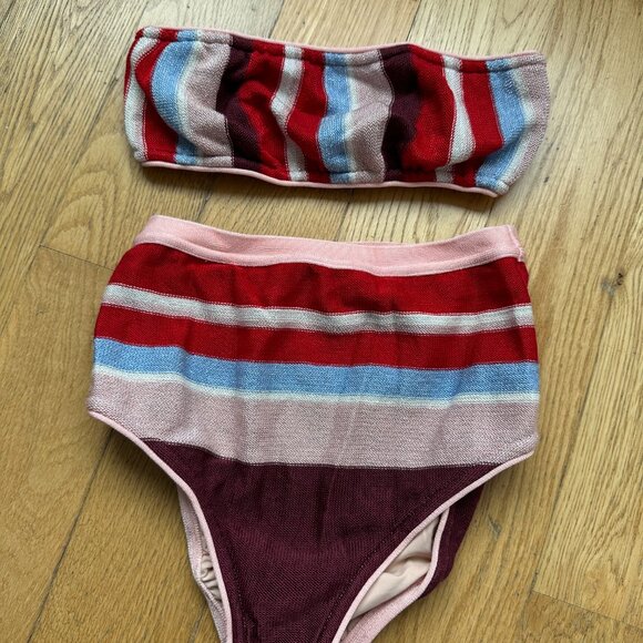 Suboo Two Piece Bikini Swimsuit Multicolored Stripes Knit High Waist Strapless - Picture 2 of 7